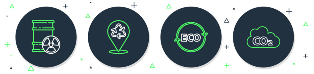 Wall Mural - Set line Recycle, Label for eco healthy food, Radioactive waste in barrel and CO2 emissions cloud icon. Vector