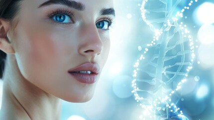 Aufkleber - Close-up of a woman face next to a bright, digital representation of a DNA double helix, symbolizing biotechnology.