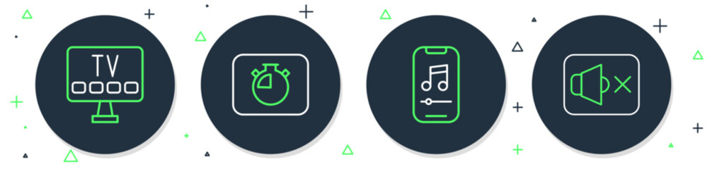 Poster - Set line Stopwatch, Music player, Smart Tv and Speaker mute icon. Vector