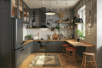 A modern kitchen with a black refrigerator, a wood countertop