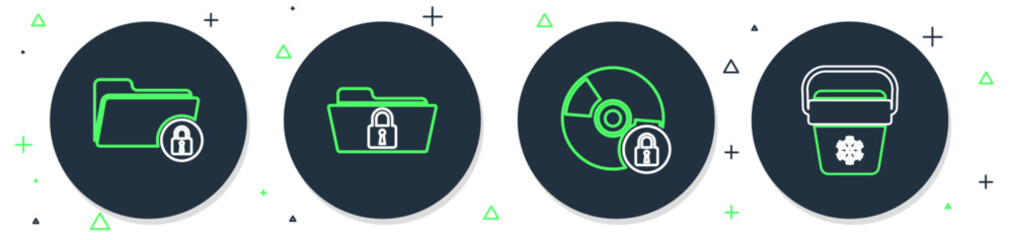 Fototapete - Set line Folder and lock, CD or DVD disk with, and Cooler bag icon. Vector