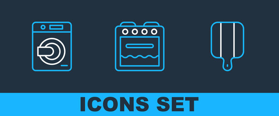Poster - Set line Cutting board, Washer and Oven icon. Vector