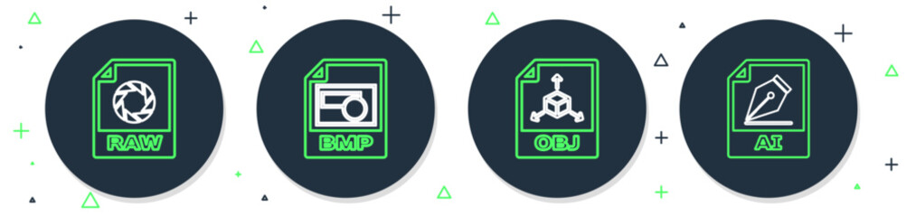 Poster - Set line BMP file document, OBJ, RAW and AI icon. Vector