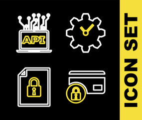 Fototapete - Set line Time Management, Credit card with lock, Document and and Computer api interface icon. Vector