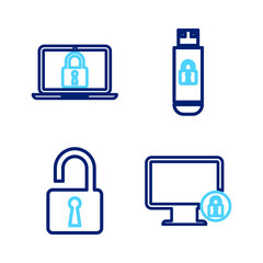 Poster - set line lock on monitor, open padlock, usb flash drive with and laptop and icon. vector