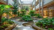 Hospital atrium filled with healing gardens and therapeutic greenery, offering comfort and tranquility to patients and visitors.
