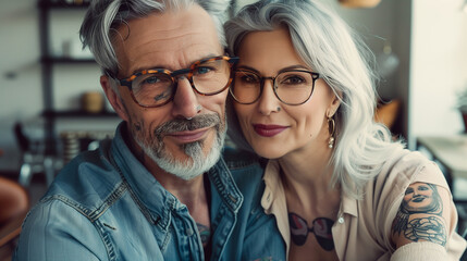 An elegant old couple, both with silver hair, glasses, and tattoos, exude style and happiness. The man dons light attire while the woman radiates elegance in her light clothing. Set against a bright r