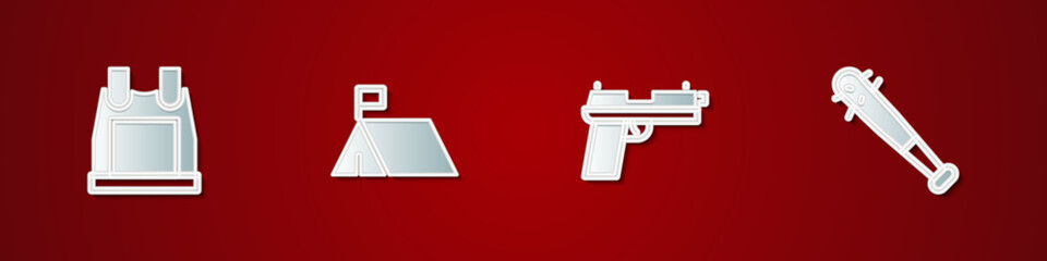 Wall Mural - Set Bulletproof vest, Protest camp, Pistol or gun and Baseball bat with nails icon. Vector