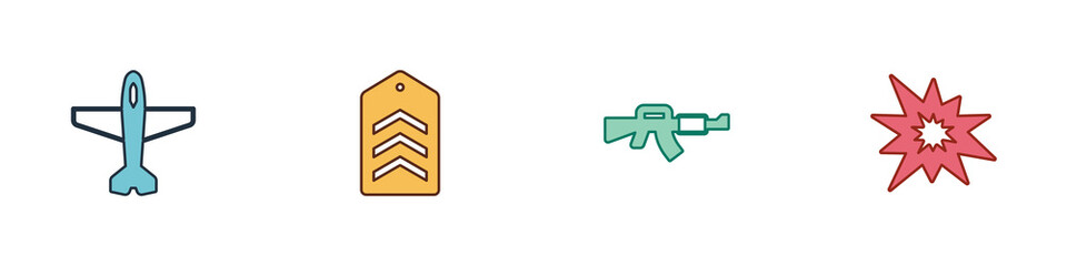 Sticker - Set Plane, Chevron, M16A1 rifle and Bomb explosion icon. Vector