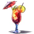 tropic fruit coctail in glass for rest relax watercolor paint
