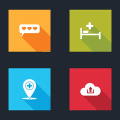 Poster - Set Like and heart, Hospital bed, Medical location with cross and Cloud upload icon. Vector