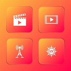 Poster - set movie clapper, play video, antenna and uv protection icon. vector