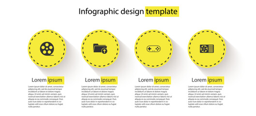 Sticker - Set Film reel, Download arrow with folder, Gamepad and Air conditioner. Business infographic template. Vector