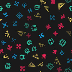 Poster - set line pixel arrows in four directions, bus, triangular ruler and on seamless pattern. vector