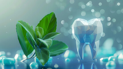 In a futuristic digital polygonal style on a blue background, a tooth displays a mint leaf in an attempt to convey the idea of cleanliness and freshness in the mouth. Modern illustration.