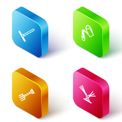 Canvas Print - Set Isometric line Garden rake, Watering can, pitchfork and Automatic irrigation sprinklers icon. Vector