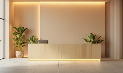 Wall Mural - A front desk in the waiting room of an office building made from light wood with light colored walls and LED lighting on top, with a simple modern design and minimalist aesthetic