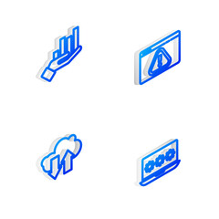 Poster - Set Isometric line Browser with exclamation mark, Pie chart infographic, Cloud download and upload and Laptop password icon. Vector