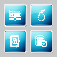 Poster - Set line Server, Data, Web Hosting, Bomb ready to explode, Tablet with closed padlock and shield icon. Vector