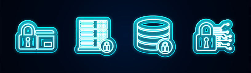 Fototapete - Set line Credit card with lock, Server security, and Cyber. Glowing neon icon. Vector