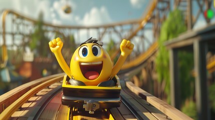 Excited, happy yellow emoji riding in a roller coaster