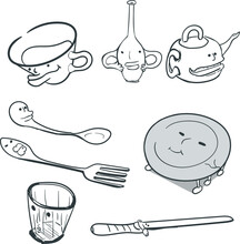 Cartoon Dishes With Funny Faces. Kitchen Utensils Include A Mug, Glass, Teapot, Vase, Fork, Spoon, Plate And Bread Knife.