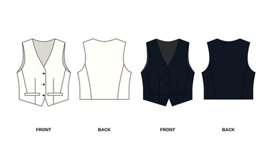 Wall Mural - Vector technical drawing of suit vest with pockets, white and black color . Fashion vest template for women, front and back view. Outline pattern of short vest with buttons.