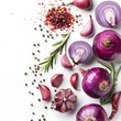 red onions with rosemary and peppercorns isolated on a white background. 