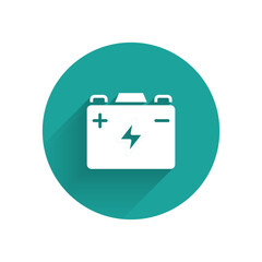 Poster - White Car battery icon isolated with long shadow background. Accumulator battery energy power and electricity accumulator battery. Green circle button. Vector