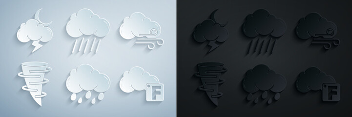 Poster - Set Cloud with rain, Windy weather, Tornado, Fahrenheit and cloud, and Storm icon. Vector