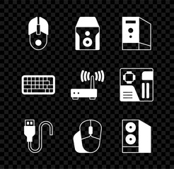 Poster - Set Computer mouse, Uninterruptible power supply, Case of computer, USB cable cord, Keyboard and Router and wi-fi signal icon. Vector