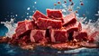 Pieces of fresh raw beef meat in water splash on blue background. AI generated. AI generated image. Illustration and Clip Art (1)
