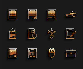 Poster - Set line Delete file document, Document with graph chart, Report, Family insurance shield, Briefcase, Smartphone, Blank notebook and pen and Plane icon. Vector