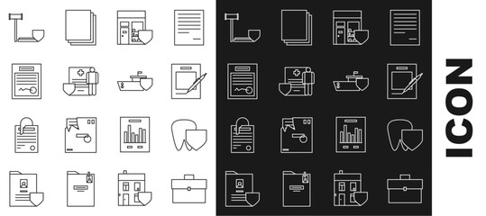 Poster - Set line Briefcase, Tooth with shield, Blank notebook and pen, Shopping building, Medical clipboard clinical record, Filled form, Judge gavel and Ship icon. Vector