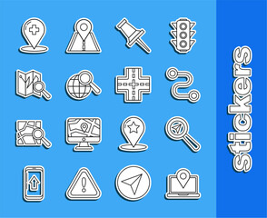 Poster - Set line Laptop with location marker, Search, Route, Push pin, Magnifying glass globe, Folded map, Medical pointer cross hospital and Road traffic sign icon. Vector