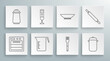 Set line Oven, Blender, Measuring cup, Fork, Cooking pot, Bowl, Rolling pin and Salt and pepper icon. Vector