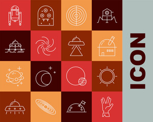 Poster - Set line Vulcan salute, Sun, Astronomical observatory, Earth structure, Black hole, Mars rover, Robot and UFO flying spaceship icon. Vector