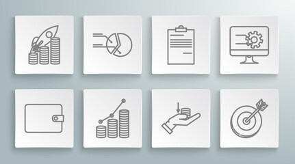 Poster - Set line Wallet, Pie chart infographic, and coin, Money on hand, Target, Document, Computer monitor with and Rocket flying up coins growth icon. Vector