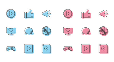 Poster - Set line Gamepad, Play in square, circle, Floppy disk for computer data storage, Speech bubble chat, Speaker mute, Like and heart and Hand like icon. Vector