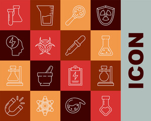 Poster - set line test tube and flask chemical, on stand, microorganisms under magnifier, biohazard symbol, h