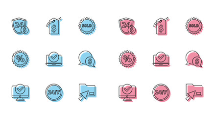 Sticker - Set line Computer monitor, Clock 24 hours, Shield with dollar, Cursor click document folder, Laptop, Speech bubble, Discount percent tag and Price icon. Vector