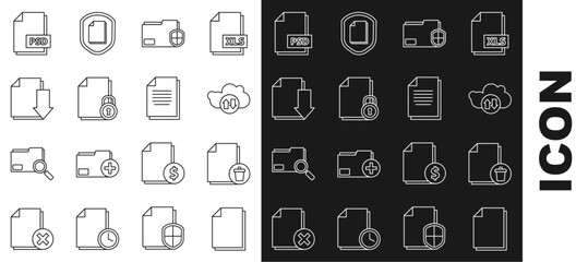 Poster - Set line Document, Delete file document, Cloud download and upload, folder protection, lock, with, PSD and icon. Vector