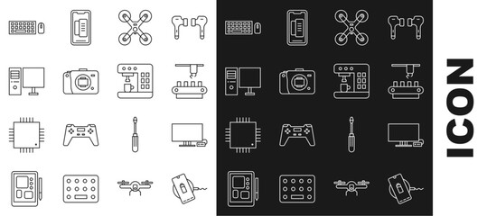 Poster - Set line Wireless charger, Smart Tv, Factory conveyor system belt, Drone flying, Mirrorless camera, Computer monitor, Keyboard and mouse and Coffee machine icon. Vector