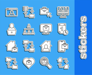 Sticker - Set line Online working, Freelancer, Time management, Hierarchy organogram chart, Video chat conference and icon. Vector