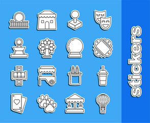 Sticker - Set line Hot air balloon, Paper glass with drinking straw and water, Ticket, Joystick for arcade machine, Ferris wheel, Attraction carousel, Roller coaster and Magic icon. Vector