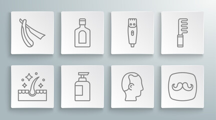 Sticker - Set line Oil for hair care treatment, Bottle of shampoo, Baldness, Barbershop, Hair clipper, Hairbrush and Straight razor icon. Vector