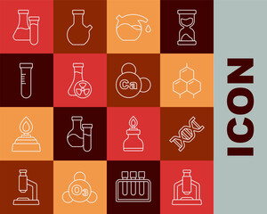 Poster - set line microscope, dna symbol, chemical formula, test tube, with toxic liquid, and mineral ca calc