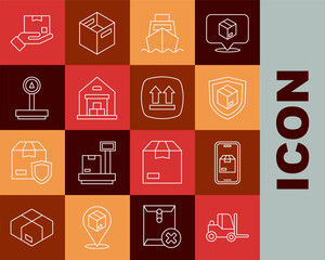 Poster - Set line Forklift truck, Mobile app delivery tracking, Delivery security with shield, Cargo ship boxes, Warehouse, Scale, hand and This side up icon. Vector