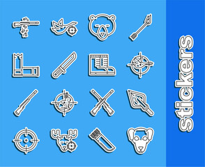 Sticker - Set line Hunting dog, Hipster arrow tip, on duck with crosshairs, Bear head, Hunter knife, Cartridges, Gun shooting and boots icon. Vector