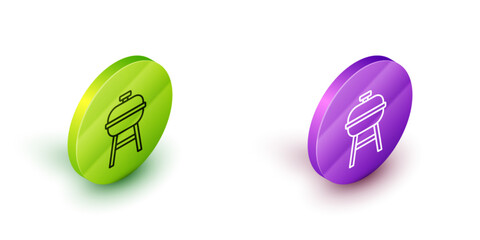 Poster - Isometric line Barbecue grill icon isolated on white background. BBQ grill party. Green and purple circle buttons. Vector